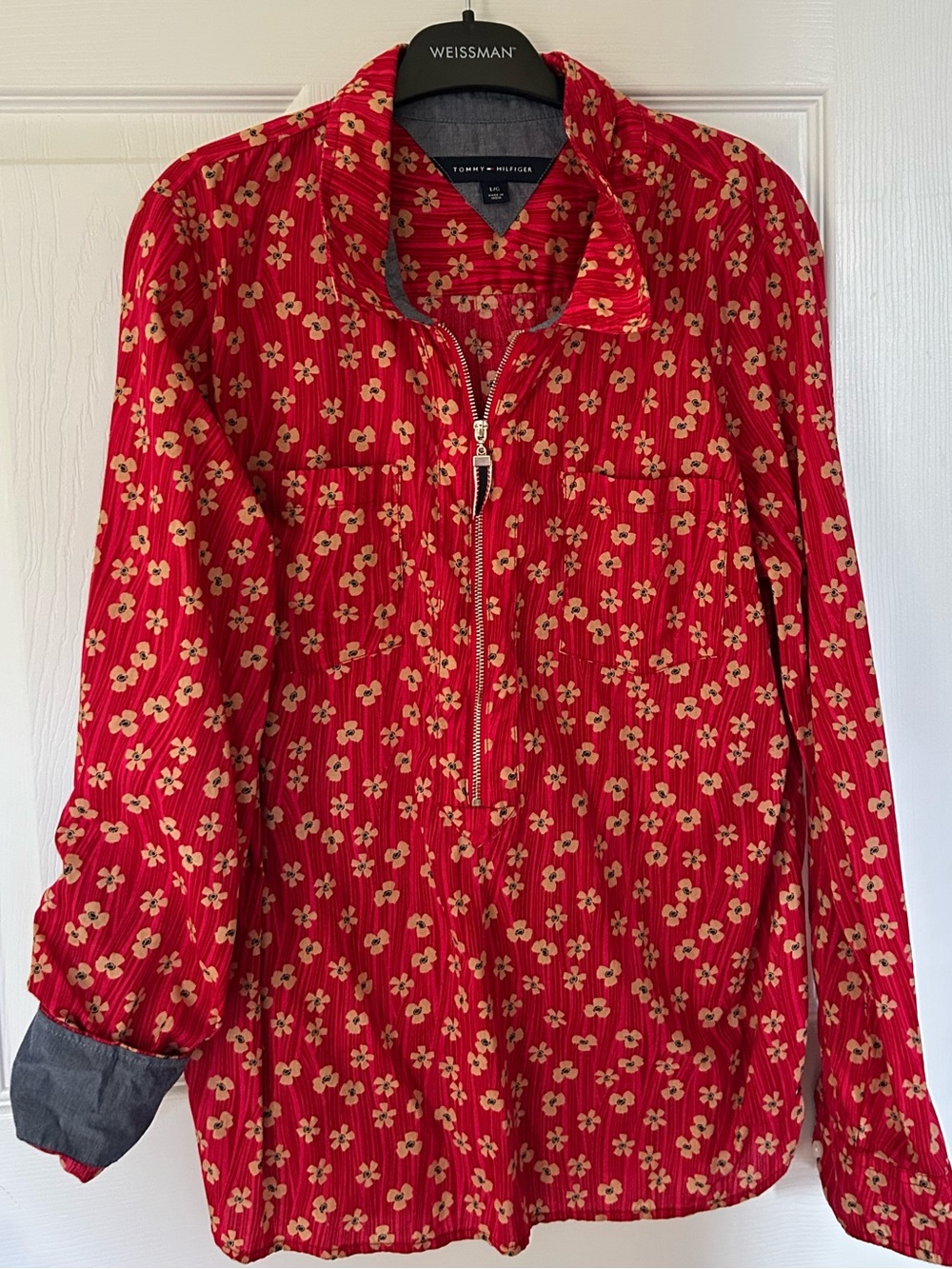Tommy Hilfiger Red Floral Half-Zip Pullover Blouse